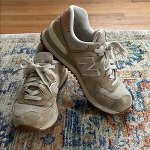 New Balance 574 Tan, pink, and White sneakers